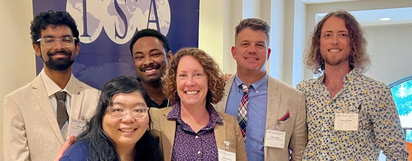 Group photo of Amy Skonieczny, Michael Crane, Neomie Hinanay, Addie Rajan, Kyle Stanner, and Spencer Stevenson at the 2025 International Studies Association West Conference