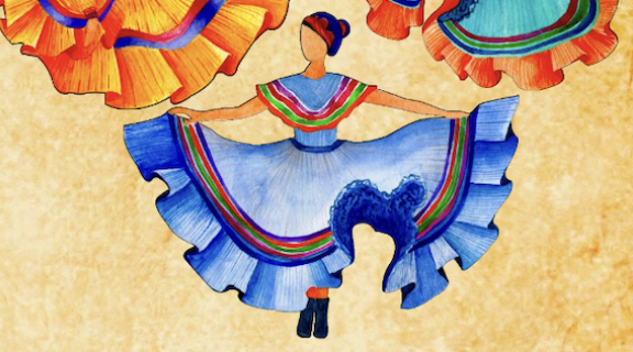 Woman in blue dress dancing for Cinco de Mayo